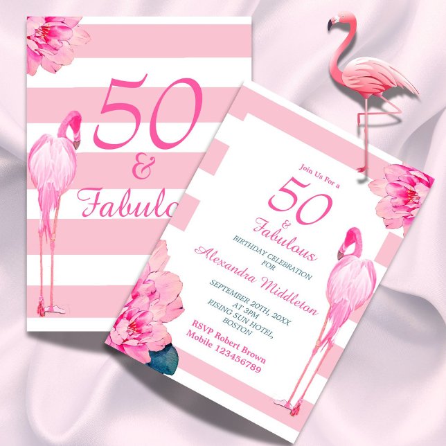 Convites 50 Fabuloso Flamingo Pink Chic Floral Aniversário (Criador carregado)
