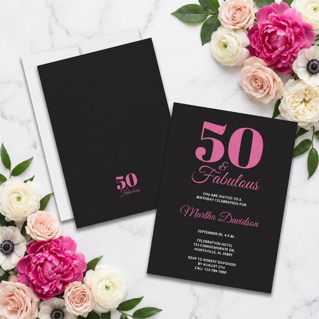 Convites 50 & Fabuloso Preto Rosa Glam Celebração (50 & Fabulous Black Pink Glam Celebration Invitation)