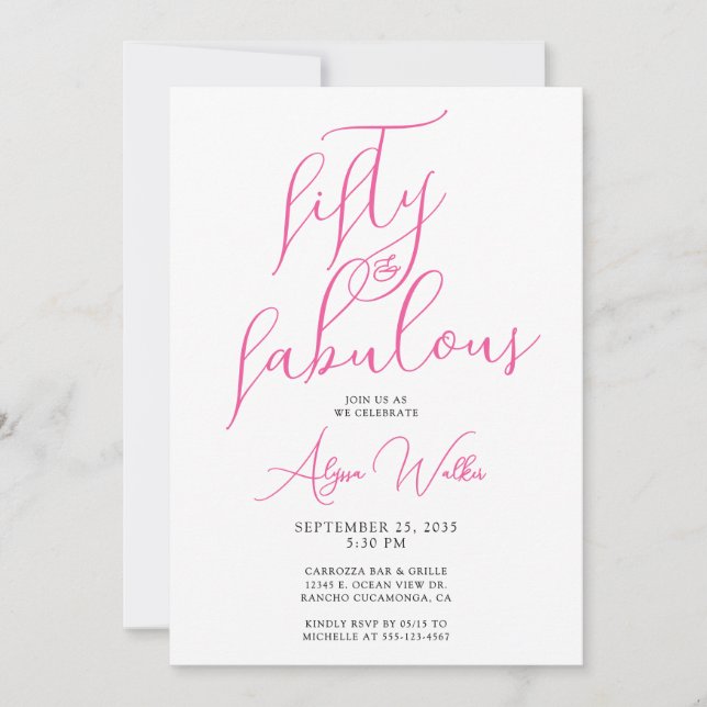 Convites 50 & Fabuloso Rosa Moderno Script Aniversário de 5 (Frente)