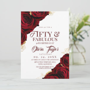 Convites 50 & Fabuloso Rosa Vermelho Floral Elegante Aniver