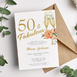 Convites 50 fabulosos 50 anos de floral rosa elegante<br><div class="desc">Moderno e falso roteiro de caligrafia em ouro 50 anos e fabuloso convite de aniversário branco com flautas de champanhe e rosas de pêssego rosa.</div>