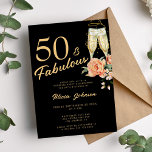 Convites 50 fabulosos 50 anos de floral rosa elegante<br><div class="desc">Moderno e falso roteiro de caligrafia em ouro 50 anos e fabuloso convite de aniversário preto com flautas de champanhe e rosas de pêssego rosa.</div>