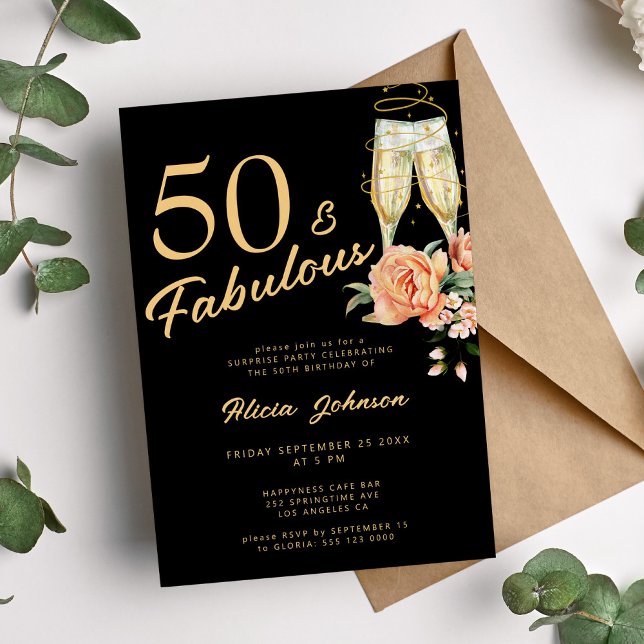 Convites 50 fabulosos 50 anos de floral rosa elegante (Criador carregado)