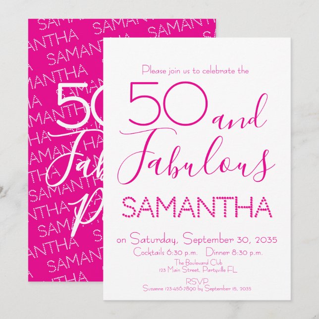 Convites 50 & Fabulous 50th Birthday Party Pink Elegant (Frente/Verso)