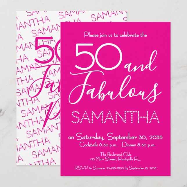 Convites 50 & Fabulous 50th Birthday Party Pink Elegant (Frente/Verso)