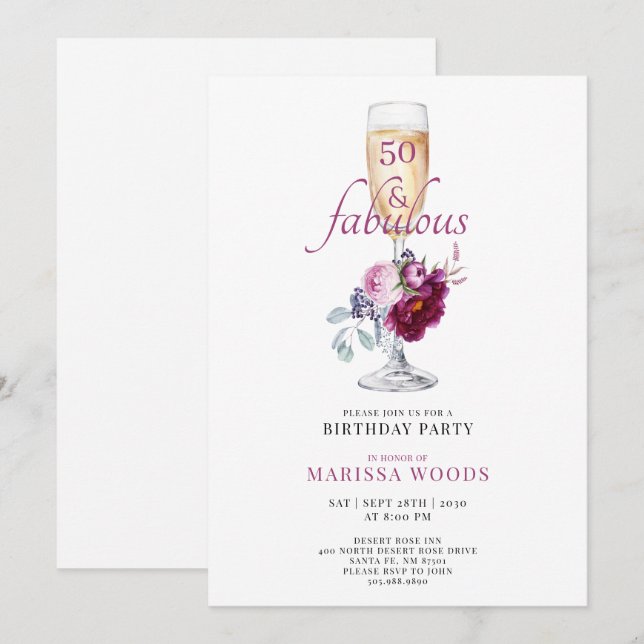 Convites 50 Fabulous Champagne Floral Birthday Invitation (Frente/Verso)
