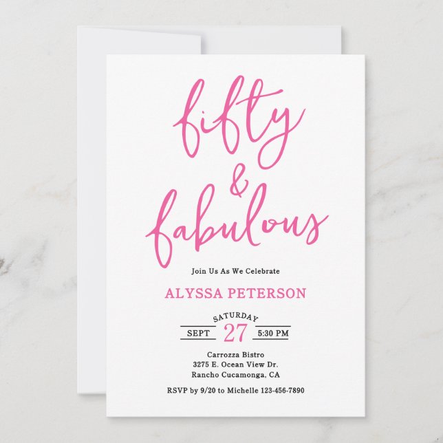 Convites 50 & Fabulous Pink Modern Script 50th Birthday  (Frente)