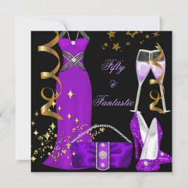 Convites 50 Fantástico Vestido Roxo Dourado Aniversário Neg
