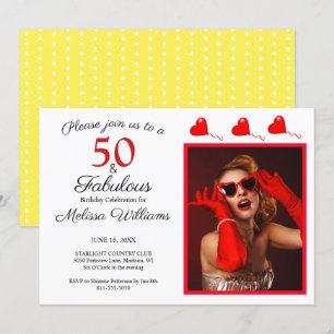 Convites 50 Foto Fabulosa Vermelha 50. Aniversário Amarelo
