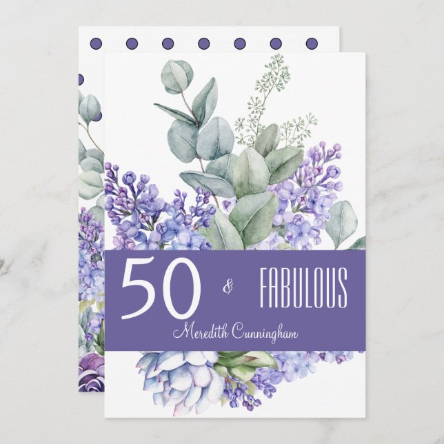 Convites 50 & Lavanda Fabulosa de Watercolor (Frente/Verso)