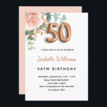 Convites 50.o aniversário de ouro floral rosa eucalipto ver<br><div class="desc">Um convite elegante para a 50ª festa de aniversário. Um fundo branco chic. Decorados com um rosa de ouro e rosa cor-de-rosa-esbranquiçada, folhas de eucalipto florais, verdes, galhos, verde e borras de ouro. Personalize e o nome e os detalhes da festa. Letras pretas e ouros. O nome é escrito com...</div>