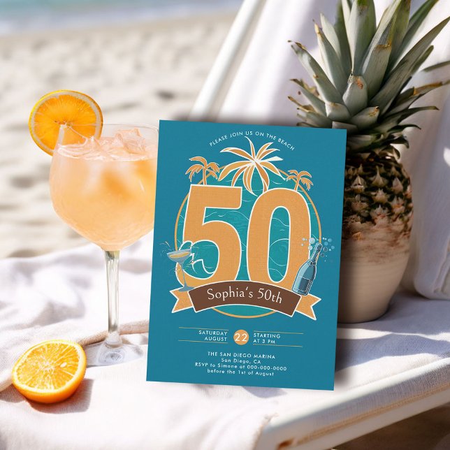 Convites 50.o aniversário do Tropical Ocean Beach Tropical  (nautical birthday invitation 50th for her women tropical modern sleek elegant classy blue orange)