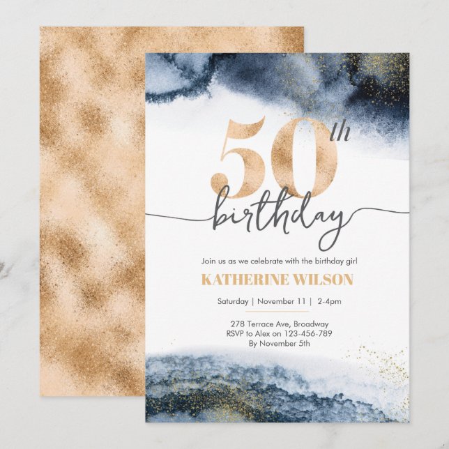 Convites 50.o aniversário - Marinho aquarela e ouro (Frente/Verso)