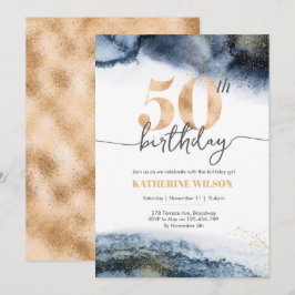 Convites 50.o aniversário - Marinho aquarela e ouro