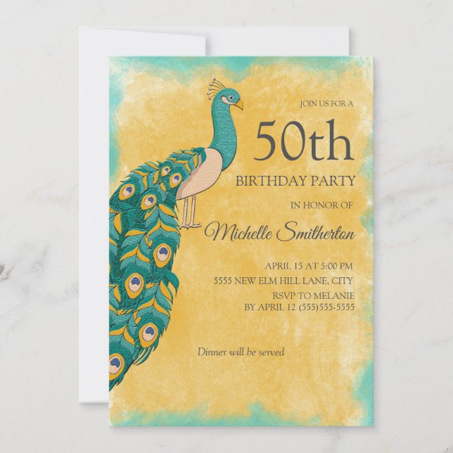 Convites 50.o Aniversário Pavão de Aquarela Amarelo Teal (Frente)
