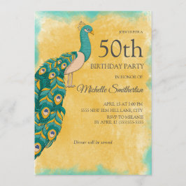 Convites 50.o Aniversário Pavão de Aquarela Amarelo Teal