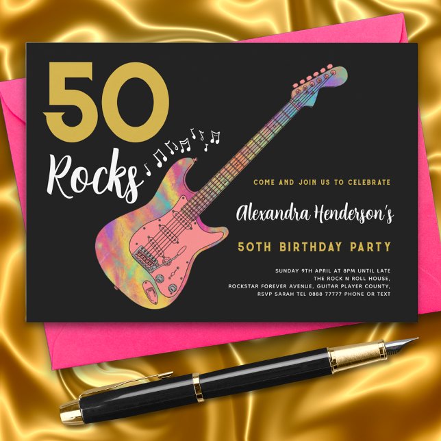 Convites 50 Rochas Legal Violão Rosa 50ª Festa de aniversár (50 Rocks cool pink guitar black and gold rock and roll 50th birthday party invitation)