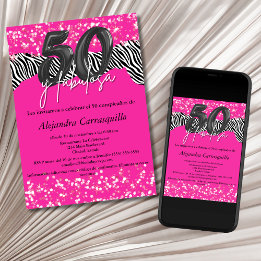 Convites 50 y Fabulosa Zebra Rosa Quente Espanhola 50. º An