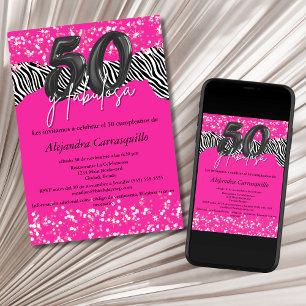 Convites 50 y Fabulosa Zebra Rosa Quente Espanhola 50. º An