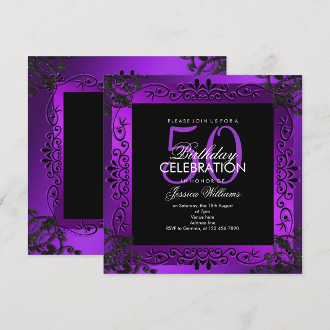 Convites 50th aniversário quadro decorativo roxo chique (Frente/Verso)