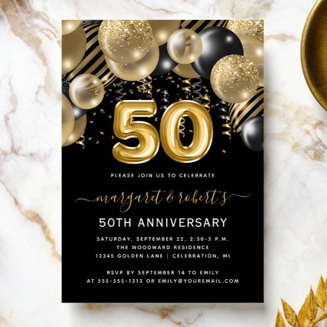 Convites 50th Anniversary Gold Black Balloon Arch Party (Criador carregado)