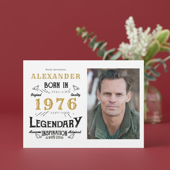 Convites 50th Birthday 1976 Legend White & Gold Photo (Born 1976 birthday invitation.)