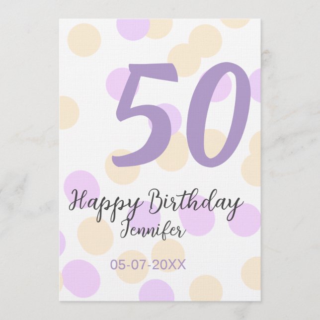 Convites 50th birthday add name date purple orange polkadot (Frente)