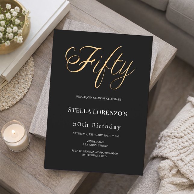 Convites 50th birthday black gold script typography (Criador carregado)