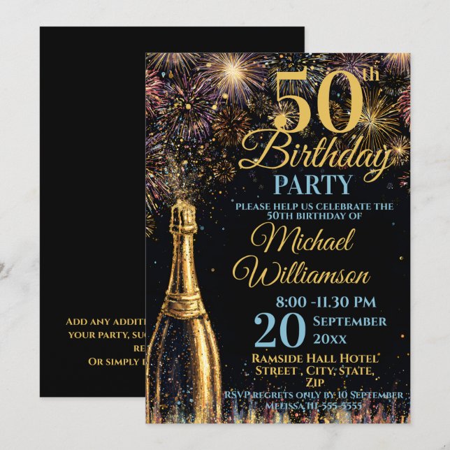 Convites 50th Birthday Bubbly Fireworks Gold Blue (Frente/Verso)
