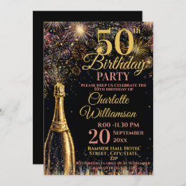 Convites 50th Birthday Bubbly Fireworks Gold Pink