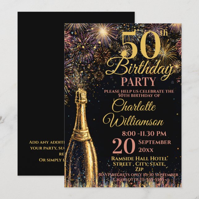 Convites 50th Birthday Bubbly Fireworks Gold Pink (Frente/Verso)
