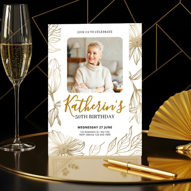 Convites 50th Birthday Elegant Gold Floral Photo (50th Birthday Elegant Gold Floral Photo Invitation, Fifity Birthday)