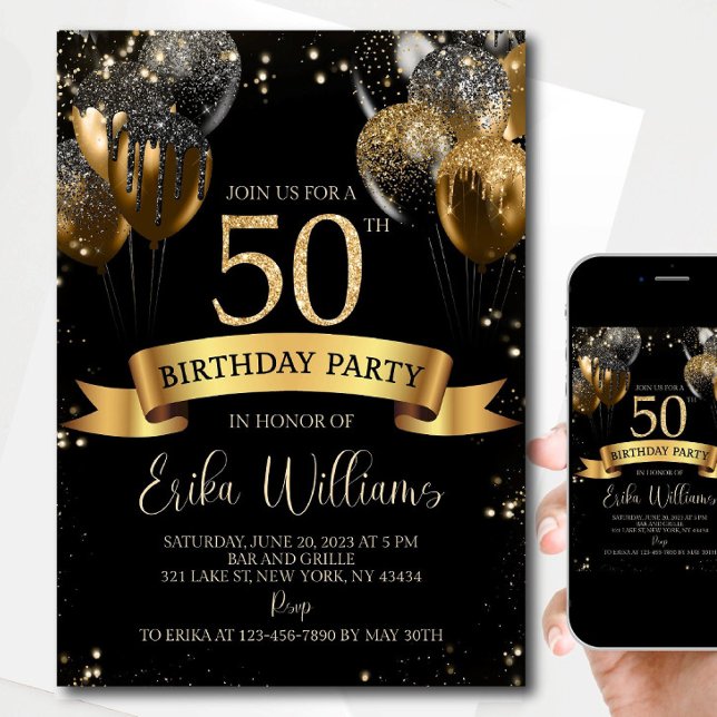 Convites 50th Birthday Invitation Template: Black Gold Ball (Criador carregado)