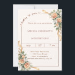 Convites 50th birthday ivory cream florals ribbon<br><div class="desc">Celebrate a milestone in style with this elegant 50th birthday invitation in soft ivory, cream. Designed for a sophisticated and memorable celebration, this invitation features a clean, modern layout with a delicate script detail and subtle heart accent for a feminine and timeless touch. Peach colored flowers with gold ribbons Perfect...</div>