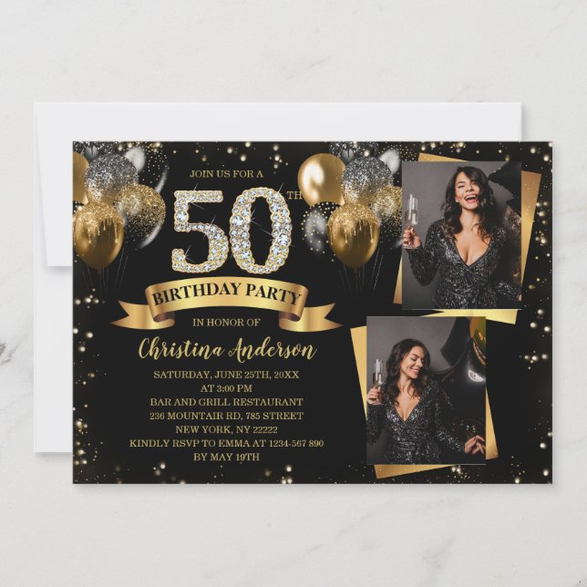 Convites 50th Birthday Modern Gold Glitter Balloons 2 Photo (Frente)