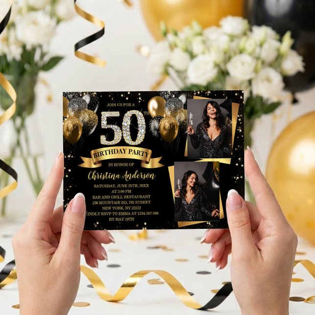 Convites 50th Birthday Modern Gold Glitter Balloons 2 Photo (Glam black and gold 50th birthday invite with diamond 50, balloons, confetti and two custom photos)