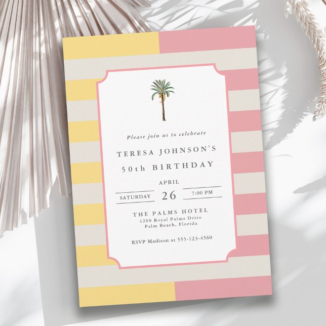Convites 50th Birthday Palm Beach Pastel Stripe Tropical (Available in both printed and instant download digital formats.)
