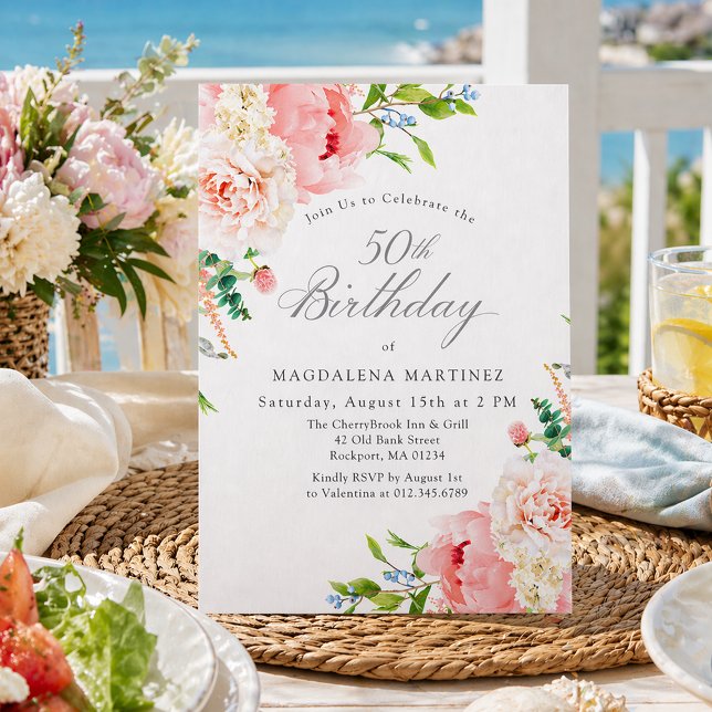 Convites 50th Birthday Party Feminine Pink Roses Floral (Criador carregado)
