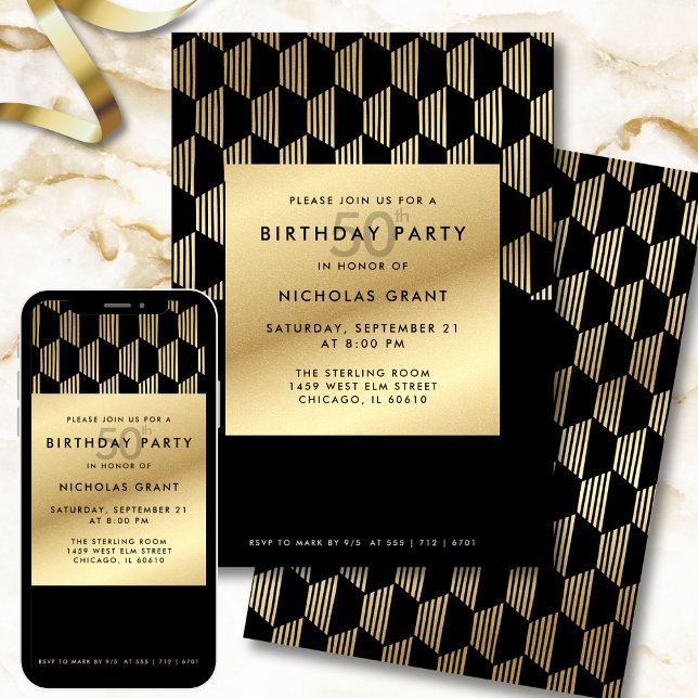 Convites 50th Birthday Party Modern Black and Gold Foil (Criador carregado)