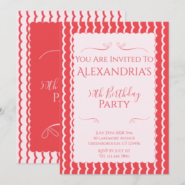 Convites 50th Birthday Party Modern Pink Red (Frente/Verso)