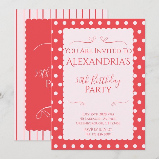 Convites 50th Birthday Party Pink Red Modern Invitation (Frente/Verso)