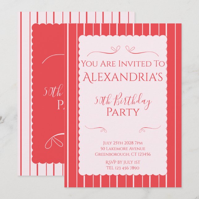 Convites 50th Birthday Party Pink Red Stripes Invitation (Frente/Verso)