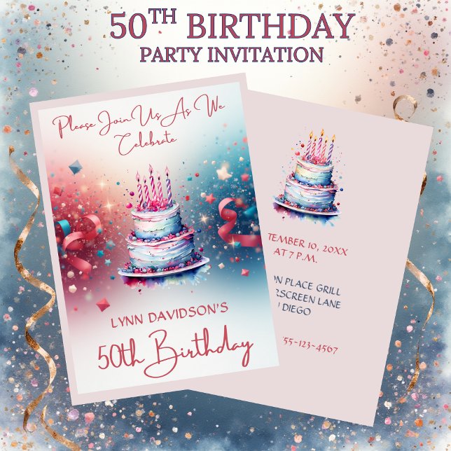 Convites 50th Birthday Party Pink Watercolor (50th Birthday Party Invitation Pink Watercolors)