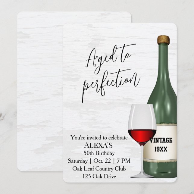 Convites 50th Birthday Party Red Wine Glass and Bottle (Frente/Verso)