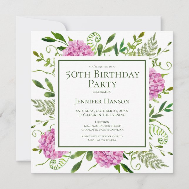 Convites 50th Birthday Pink Hydrangeas Card Request  (Frente)
