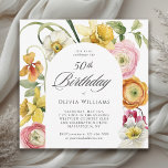 Convites 50th Birthday Spring Garden Watercolor Floral<br><div class="desc">A beautiful way to celebrate this special milestone 50th birthday with a stylish sunny floral invitation, a favorite choice for celebrations in spring and into the summer months. Mixed colors of daffodils, ranunculus, and other watercolor floral elements blend beautifully in this garden themed elegant design. Personalize the text template with...</div>