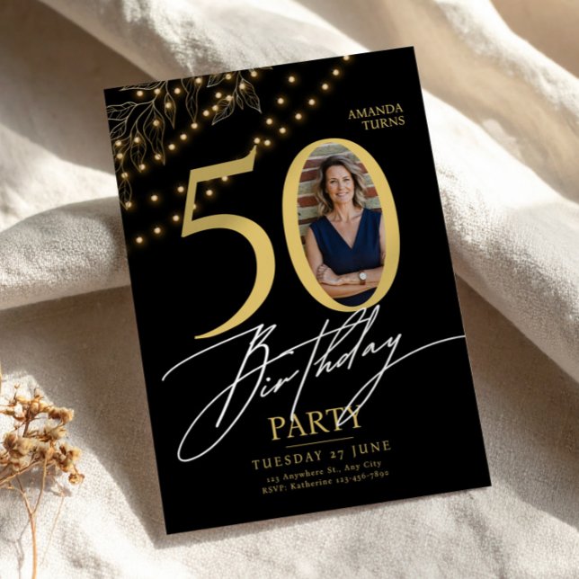 Convites 50th Birthday with Photo Elegant Black & Gold (50th Birthday with Photo Elegant Black & Gold, 50th Birthday Women, Photo Birthday Card)
