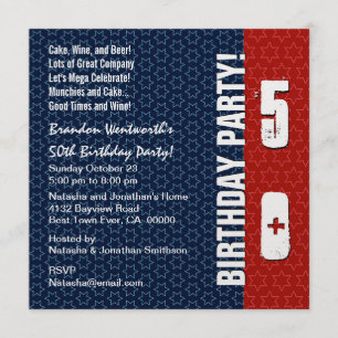 Convites 50th Estrelas azuis brancas vermelhas modernas do