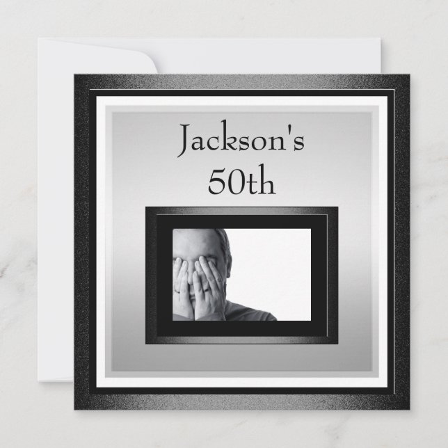 Convites 50th Foto preta de prata branca do aniversário (Frente)