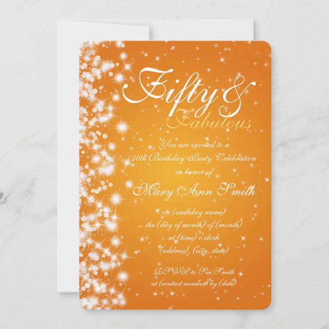 Convites 50th Laranja da faísca da festa de aniversário (Frente)